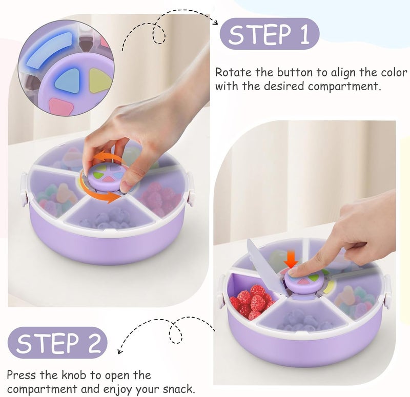 JOOPETALK Kids Reusable Rotating Snack Container with 5 Separate Compartments, Color Matching Opening Lid, BPA/PVC-Free, Dishwasher Safe, Perfect for Travel, School Lunches & On-the-Go Snacking-Purple - Image 3